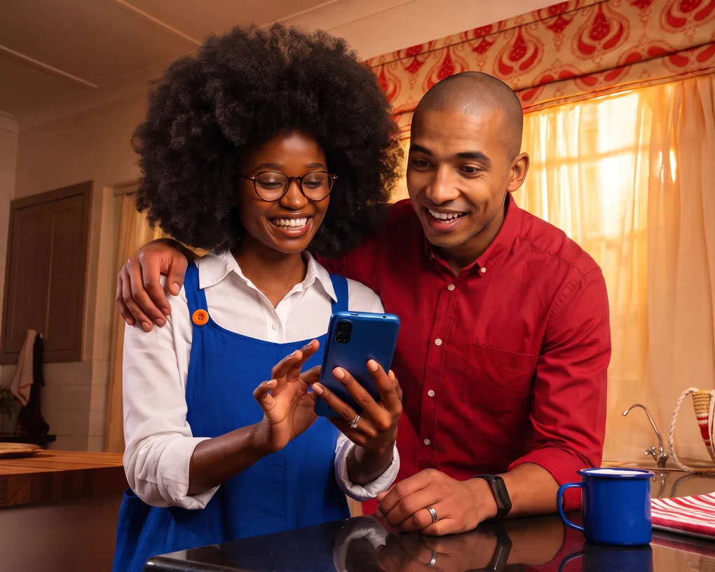 Casal sorrindo olhando o celular na cozinha de casa