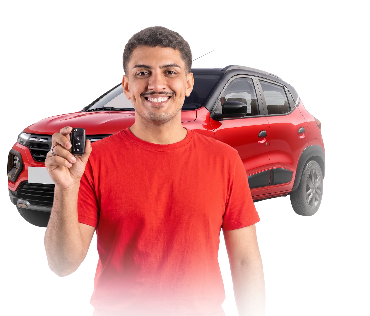 Homem sorrindo com a chave de um carro vermelho ao fundo